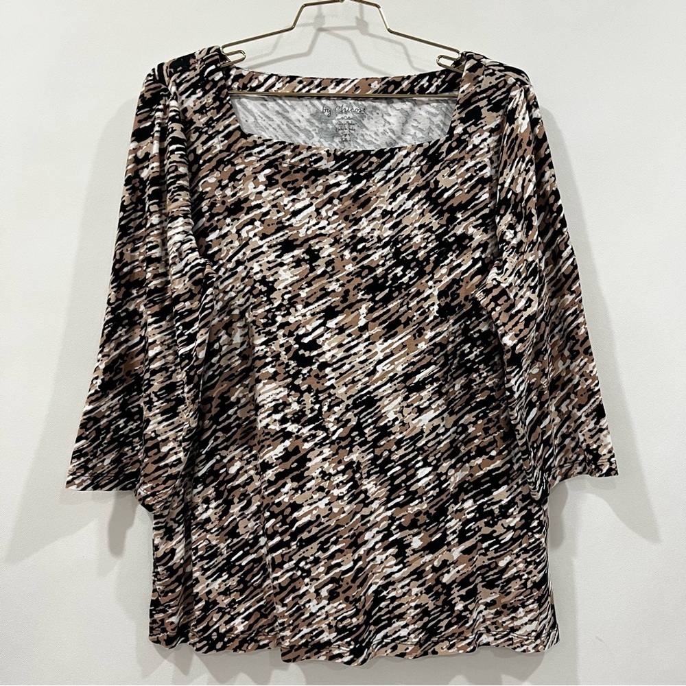 Chico's Animal Print Blouse Square Neck 100% Cotton Sz 4 Black/Brown 3/4 Sleeve